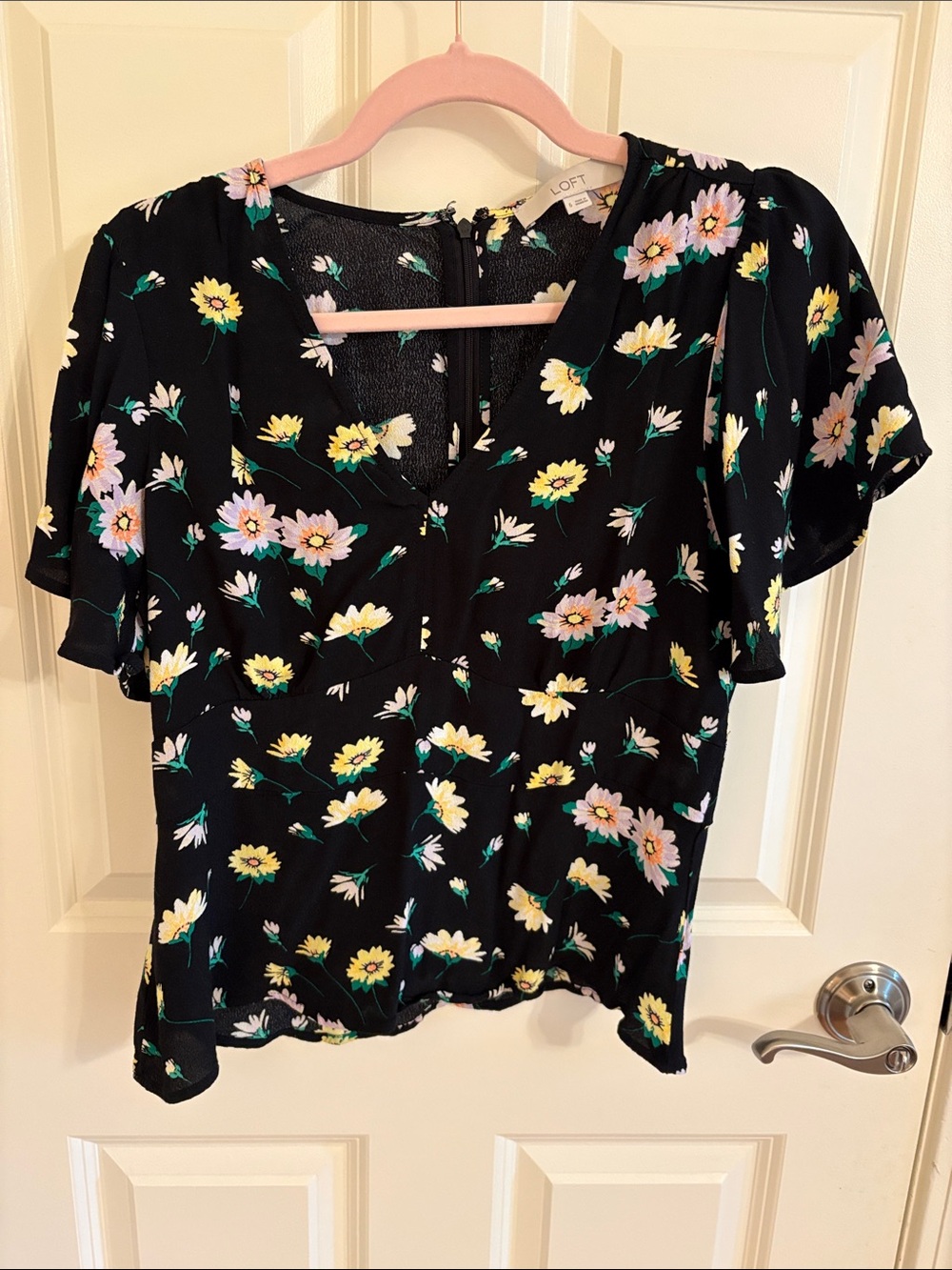 LOFT Black Floral Flutter-Sleeve Blouse with Pink and Yellow Blooms